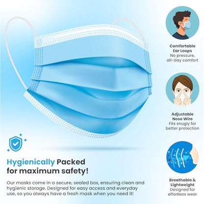 PURE GEM [Pack of 150] Single Use Disposable Blue Face Mask, Soft on Skin, 3-ply Masks Facial Cover with Elastic Earloops Great For Home, Office, School, and Outdoors - color: 150 Masks