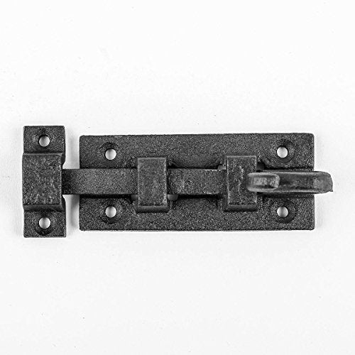 Renovators Supply Manufacturing Black Slide Bolt Door Latch 3 7/8 in. Long Wrought Iron Metal Surface Sliding Bolts with Catch for Cabinet Doors Rust Resistant Security Locks with Hardware Pack of 2 - size: Pack of 2, style: 3.88 inch - Curled Tail