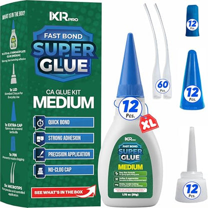 CA Glue Medium Viscosity Kit (12x1.75 oz.) Cyanoacrylate Glue, Super Glue for Everyday Repairs, Woodworking, Plastic, Ceramic, and DIY Crafts, Quick-Drying Multi-Purpose Adhesive with Easy Application - size: 12 Pack, style: Medium CA Glue