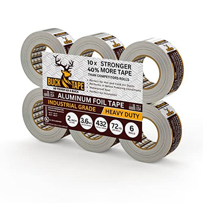 6 Pack Buck Aluminum Foil Tape – 2 Inch x 216ft (72 yd), 3.6 Mil – HVAC Tape for Ductwork, AC, Dryer Vents & Insulation – Silver Foil Tape for Metal Repair, Exhaust Sealing & Air Conditioning - size: 2 Inch, style: 6 Pack