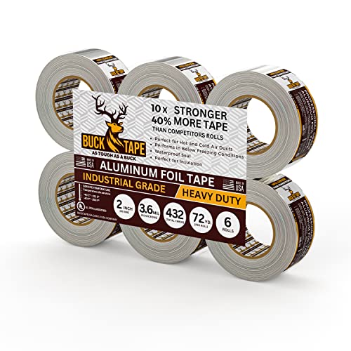 6 Pack Buck Aluminum Foil Tape – 2 Inch x 216ft (72 yd), 3.6 Mil – HVAC Tape for Ductwork, AC, Dryer Vents & Insulation – Silver Foil Tape for Metal Repair, Exhaust Sealing & Air Conditioning - size: 2 Inch, style: 6 Pack