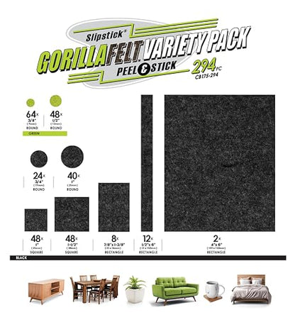 Slipstick Gorilla Felt Furniture Pads (294 Piece Variety Pack) Premium Furniture Pads & Chair Leg Floor Protectors for Hardwood Floors & Hard Surfaces - size: 294 Piece Variety Pack