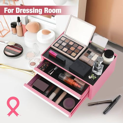 WORKPRO 12.5" Mini Tool Box with 2 Drawers & 1 Open Top Storage, Small Metal Tool Chest with PVC Liners & PP Feet Pads, Cold Rolled Steel Toolbox with Drawer Liners & Magnetic Tabs - Pink Ribbon - color: Pink