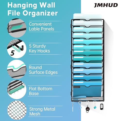 13 Tier Wall File Organizer - Hanging File Organizer with 5 Hooks, Mail Holder Wall Mounted for Papers, Folders, Magazines, Bills, Office&School Organization, Black - size: 13 Tier-Black