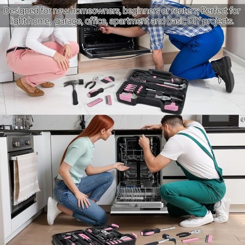 MARTCOLOR 58 Piece Household Tool Set, General Household Hand Tool Kit with Plastic Toolbox Storage Case, All Purpose Household Tool Kit for Women, Girls and Ladies, Pink - color: Pink