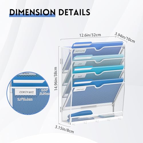 5 Tier Wall File Organizer - Hanging File Organizer with 5 Hooks, Mail Holder Wall Mounted for Papers, Folders, Magazines, Bills, Office&School Organization, White - size: 5 Tier-White