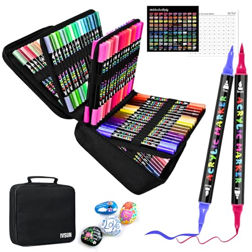 IVSUN Acrylic Paint Pens, 100 Colors Dual Tip Paint Markers with Fine Tip and Brush Tip Pens for Stone, Wood, Canvas, Calligraphy, Ceramic, Metal, Glass, Rock Painting, DIY Crafts Art Supplies Kit - color: 100 Colors