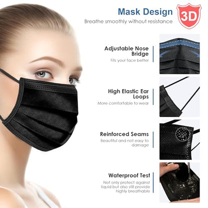 NNPCBT Black Individually Wrapped Masks 50pcs, Disposable Face Masks for Adults, 3 Ply Breathable Face Mask Black Indoor Outdoor - color: Adult-50 Pcs-ind Black