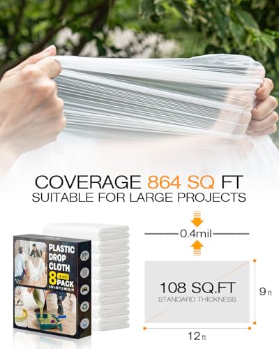 Plastic Drop Cloths for Painting, 9x12 Ft Extra Large Painting Supplies, Plastic Sheet Dust Cover for Furniture, Floor, Couch Protector (8-Pack) - size: 8 PCS 9x12 Ft