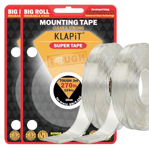 KLAPiT Super Tape Clear Double Sided Heavy Duty Adhesive 118in 2pc Pack Enhanced Nano Technology Waterproof Mounting Tape Holds 270 lbs 2.28lb per Inch - style: 2 Packs