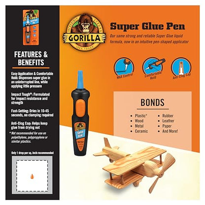 Gorilla Super Glue Pen, Cyanoacrylate Glue, Fast Setting, Precise Dispensing Pen Shaped Applicator, Clear, 5.5g (Pack of 1) - size: Pack of 1, style: Liquid