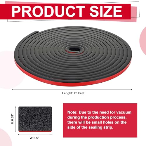 Pangda 26 Ft Rectangular Rubber Seal Strip with Self-Adhesive Tape, 0.5" W x 0.38" H Foam Rubber Weather Stripping for Boat, Automobile, RV, Ship, Garage Door/Window Seal, Black (Solid) - size: L:26ft, W:0.5" X H:0.38", style: Solid