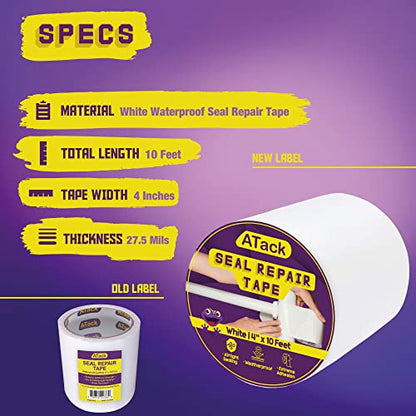 ATack Waterproof Patch and Seal Tape, White, 4 Inches x 10 Feet, Water Barrier Tape for Stop Leak Repair on Pipes, Chimney, Roof, Boat, and HVAC - color: White