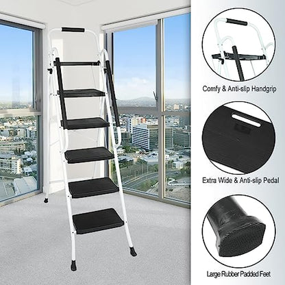 BLACKHORSE-RACING 5 Step Ladder with Handrails & Tool Tray Platform, 330 lbs Folding Step Stool Ladder, Portable Steel Ladder for Kitchen Pantry Home Office Library, White