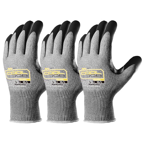 COOLJOB ANSI A5 Cut Resistant Gloves - 3/12 Pairs, Nitrile Rubber Dipped Safety Work Gloves for Men, Knife Proof with Grip Coating for Construction Warehouse Glass Wood Work, Grey Medium - size: Medium, style: A5 Pack of 3