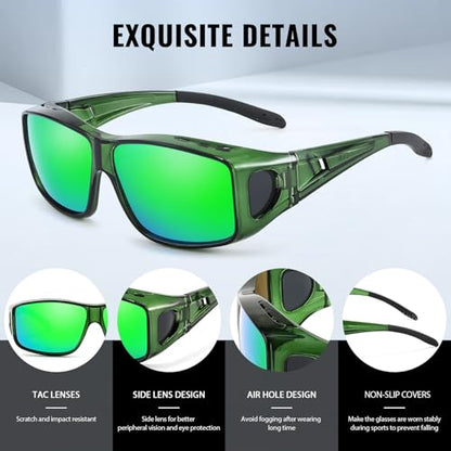 Myiaur Polarized Fit Over Glasses Sunglasses for Men Women, Trendy Wrap Around Sunglasses UV Protection for Driving (2 Pack) - color: A13(2 Pack) Black+tpgreen/Green Lens