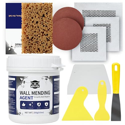 Breliter Drywall Patch Repair Kit - Premium All-in-One Repair Set (Patches/Scrapers/Sandpaper/Texture Sponge/Putty Knife) for Wall Holes, Cracks, Graffiti & Stains, Formaldehyde-Free, White (8.8oz)