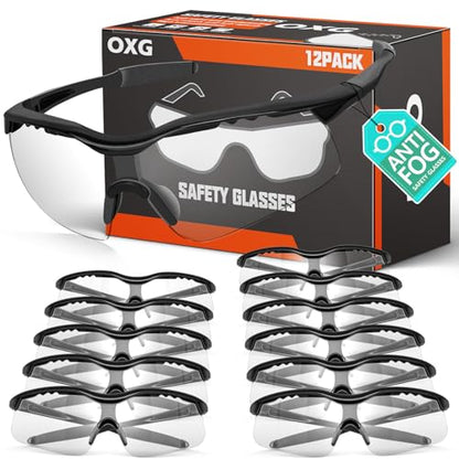 OXG 12 Pack Anti Fog Safety Glasses for Men, ANSI Z87.1 Safety Goggles Impact Scratch Resistant Eye Protection for Work - color: Clear