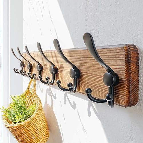 Dseap Coat Rack Wall Mounted - 24" Long 6 Tri Hooks, Heavy Duty Wooden Wall Coat Hanger Coat Hook for Clothes Hat Jacket Clothing, Natural and Black, Pack of 2 - color: Natural & Black, size: L=24"
