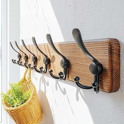 Dseap Coat Rack Wall Mounted - 24" Long 6 Tri Hooks, Heavy Duty Wooden Wall Coat Hanger Coat Hook for Clothes Hat Jacket Clothing, Natural and Black, Pack of 2 - color: Natural & Black, size: L=24"