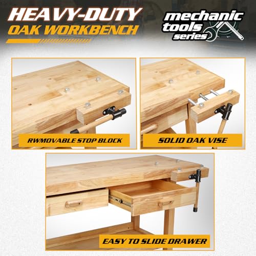 Magshion 60" Rubber Hardwood Work Bench, 500Lbs Load Capacity Heavy Duty Woodworking Table with Solid Oak Vise and Removable Stop Block, Workbench for Garage, Workshop, Home Storage (Natural)