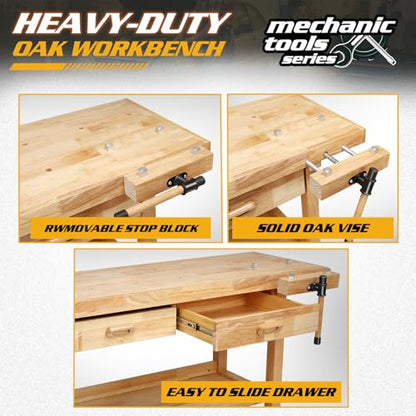 Magshion 60" Rubber Hardwood Work Bench, 500Lbs Load Capacity Heavy Duty Woodworking Table with Solid Oak Vise and Removable Stop Block, Workbench for Garage, Workshop, Home Storage (Natural)