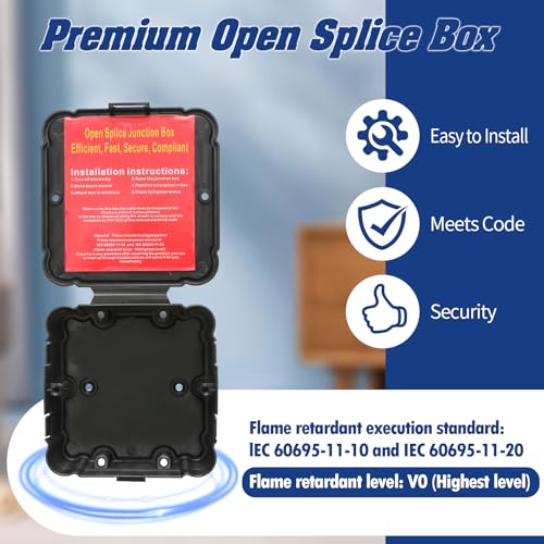 Black Open Splice Junction Box (1 Pack)，Open Splices Repair Open Splices, 5 Second Installation Splice Box, Wire Electrical Junction Box with Cover V0 Flame Retardant Rating(Highest Level) (1)