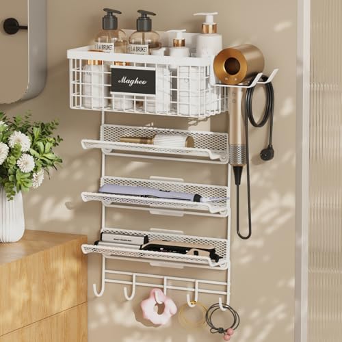 Magheo Hair Dryer Holder Wall Mounted, Adheisve Hair Styling Tool Organizer for hair Brush/Appliance Wall Mount with 5 Tier Shelf Basket Hooks Blow Dryer and Straightener Holder for Bathroom(White) - color: White, size: Wall Mount - 1 Pack (5 Tier)