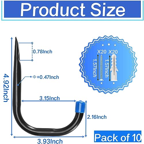 Garage Storage Hooks for Hanging, 4Inch Heavy Duty Wall Mount J Utility Hooks, Hangers-Organizer for Tools, Bikes, Ladders, Chairs, 10 Pack (‎12G-4inch10)