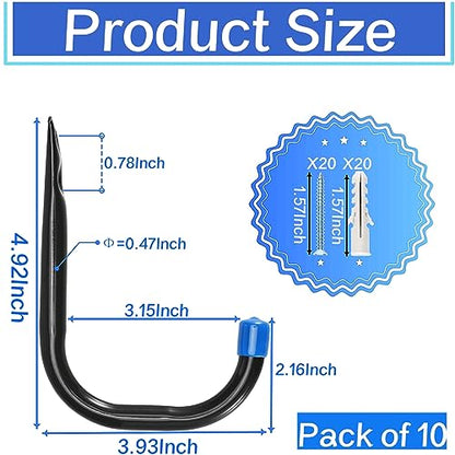 Garage Storage Hooks for Hanging, 4Inch Heavy Duty Wall Mount J Utility Hooks, Hangers-Organizer for Tools, Bikes, Ladders, Chairs, 10 Pack (‎12G-4inch10)