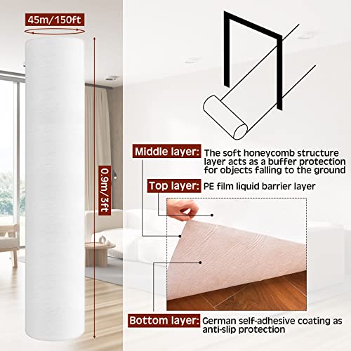 Amylove Temporary Floor Protection Anti Slip Carpet Protector Reusable Waterproof Temporary Flooring Over Carpet Self Adhesive Padded Floor Covering, Paint Proof, Protects Hardwood and Tile(150 Feet) - size: 3' x 150' (Rectangular)