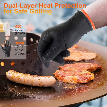 ANBOSON BBQ Gloves for Cooking Baking Grilling, 100 Count Disposable Nitrile Gloves and 4 Count Cotton Glove Liners Washable (10mil Nitrile, X-Large) - size: X-Large, style: 10mil Nitrile