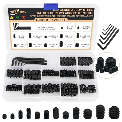 490Pcs Set Screw Assortment Kit, SAE 12.9 Alloy Steel Grub Screws, Hex Socket Internal Allen Drive Cup Point Set Screws, 12 Sizes (1/8-40 to 5/16-18) for Door Handles Bathroom Fixtures - size: 490PCS 12Size SAE