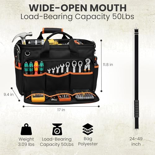 Electrician Tool Bag, 26-Pocket, 17-Inch, Potable Tool Box Organizer with Wide Mouth Opening & Padded Shoulder Strap, Water Resistant Heavy Duty Bag for Mechanics, Contractors, Plumber & Craftsmen