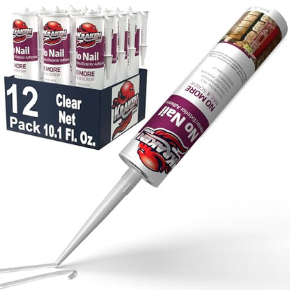 KRAKEN BOND No More Nails Clear Polyurethane Adhesive - 100% Waterproof (D4) and Sealant for Wood, Ceramic, Tile, Floor, Granite, Rubber | 12 Pack, 10.1 Fl. Oz. - size: 12 Pack, style: No More Nails Adhesive