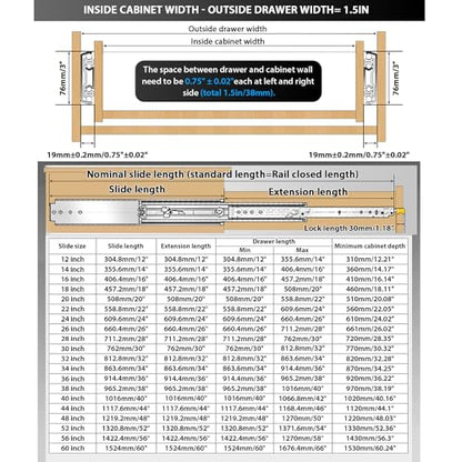 YENUO Heavy Duty Drawer Slides with Lock 12 14 16 18 20 22 24 26 28 30 32 34 36 38 40 44 48 52 56 60 Inch Full Extension Side Mount Ball Bearing Locking Rails Track Glides Runners Load 500 Lbs 1 Pair - size: 16 Inch, style: Load:500 lb (With lock) -W:76mm