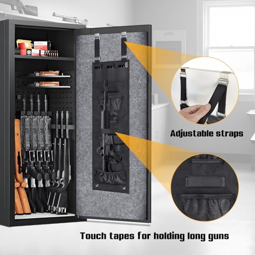 Gun Safe Door Organizer,Handgun Hanger with Elastic Triple Mag Pouch and Mesh Organizer Pockets,Gun Safe Accessories Gun Cabinet Storage,Easy to Install 9.2W*32H Inch