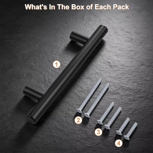 Probrico 5 Pack Holes Spacing (96mm) 3.75inch Black Kitchen Cabinet Handles Stainless Steel Matte Black Cabinet Pulls Round T Bar Pull Handle for Cabinets and Drawers Total Length 6inch(150mm) - color: Black, size: Hole Centers: 3-3/4"