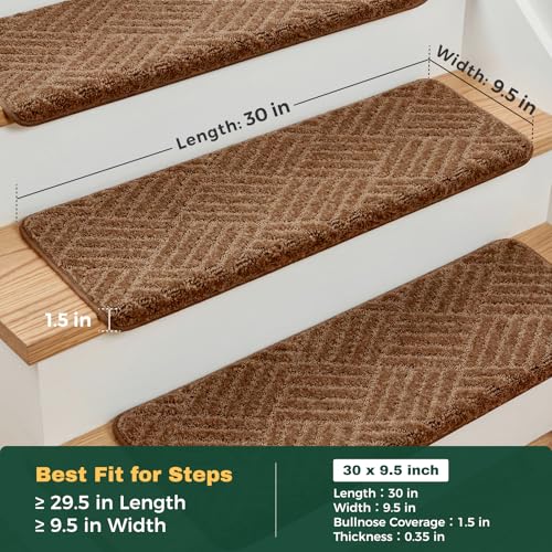 MBIGM Bullnose Non-Slip Stair Treads w/Reusable Adhesive 14 Pack 9.5" x 30" Wooden Steps Protection - TPU Backing with Steel Reinforcement - Anti-Slip Solution Basketweave Brown Non Slip Stair Tread - color: Brown - Basketweave