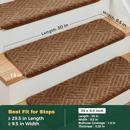 MBIGM Bullnose Non-Slip Stair Treads w/Reusable Adhesive 14 Pack 9.5" x 30" Wooden Steps Protection - TPU Backing with Steel Reinforcement - Anti-Slip Solution Basketweave Brown Non Slip Stair Tread - color: Brown - Basketweave