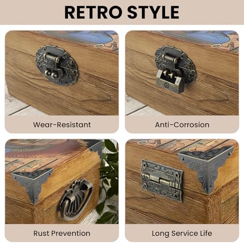 Retro Hardware Kit Includes Hasp Latch Padlock Hinges Corner Protectors and Pull Handle, Antique Decorative Kit with Screws for Jewelry Box Cabinet Wooden Box Handcrafts Project Bronze