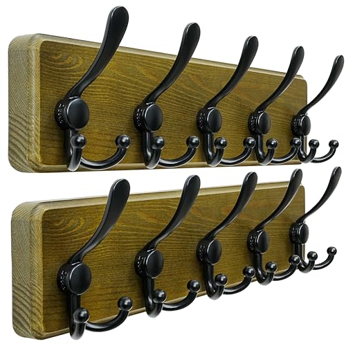 Dseap Coat Rack Wall Mount - Heavy-Duty Robust Barnwood-Style Wooden Wall Coat Hanger Hook Rail with 5 Triple Hooks for Winter Coats Hat Jacket Clothing, Weathered Green & Black, Pack of 2 - color: Weathered Green & Black, size: L=17.4"