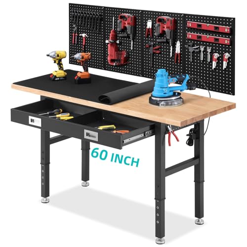 ENJOYWOOD 60" Adjustable Height Workbench with Drawers, Rubberwood Top, Pegboard & Power Outlets, Heavy Duty Work Table for Garage, Workshop & Home - size: XX-Large