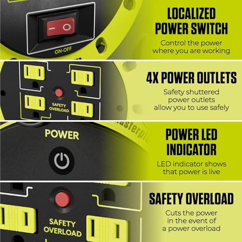 Masterplug 40ft Case Cord Reel, Retractable Extension Lead with Winding Handle, Safety Overload Circuit Breaker and Power Switch, 4X Grounded Outlets, 13amps, 14AWG Cable - size: 40ft