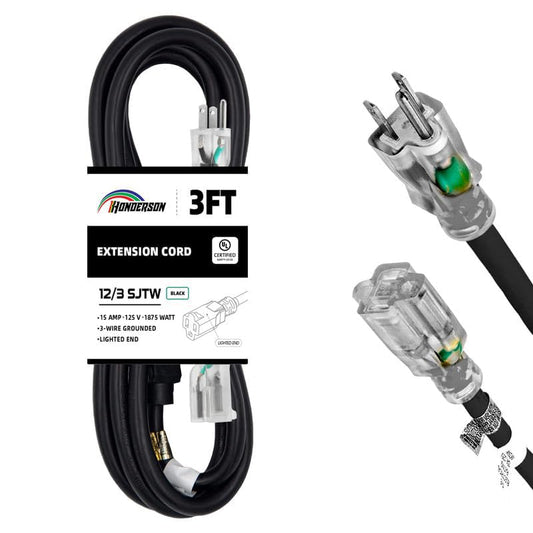 Extension Cord Weatherproof with Lighted End, UL Listed, 12 Gauge 3FT Black 3 Prong Heavy Duty, 12/3 SJTW 15A Power Cord for Lights, Lawn - size: 3ft, style: 12/3