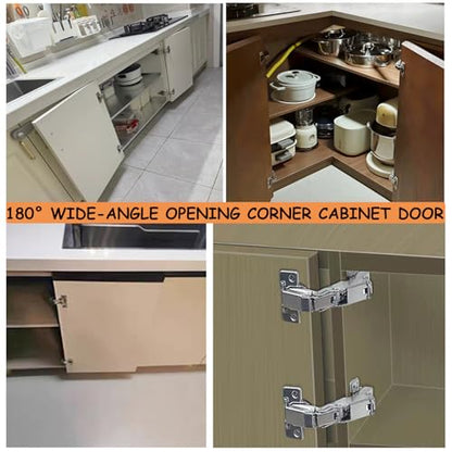 2Pack 180 Degree Cabinet Hinges for Older Cabinets,Stainless Steel Repair Plate,Concealed Hinge,Lazy Susan Cabinet Door Hinge Frameless﻿(Full Overlay)