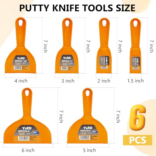6 Pack Putty Knife 1.5" 2" 3" 4" 5" 6" Plastic Paint Scraper Tool Set Heavy Duty Drywall Repair kit,Flexible Spackle Knives with Hang Hole,Wall Putty for Spreader,Wallpaper,Mud,Plaster,Taping,Floor