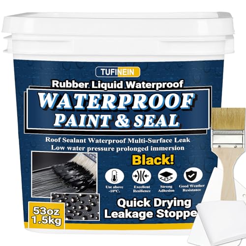 Rubber Liquid Waterproof Sealant, TUFINEIN 53oz/1.5kg Black Quick Drying Multi Surface Foundation Leak Repair - Roof Gutters Basement Sealer Waterproof - Indoor & Outdoor Flexible Rubber Paint - color: Black, size: 53 OZ