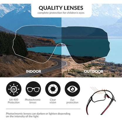 ROCKBROS Photochromic Sports Kids Sunglasses For Boys Girls Children Youth MTB Biking Sunglasses for Kids Ages 8 to 14 - color: Black Sand