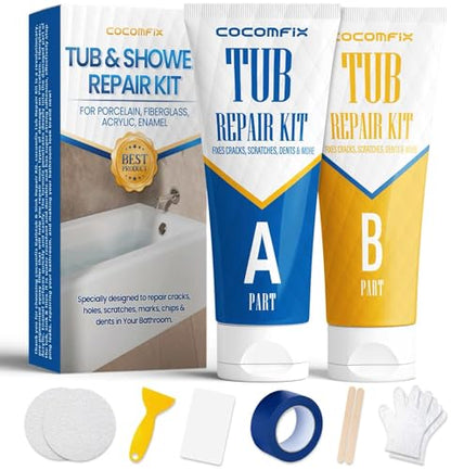 Bathtub & Shower Repair Kit White, Acrylic, Enamel, Fiberglass Tub & Sink Professional Fix for Chips, Cracks, Scratches & Holes in Sinks, Showers, Toilets & Ceramic Tiles